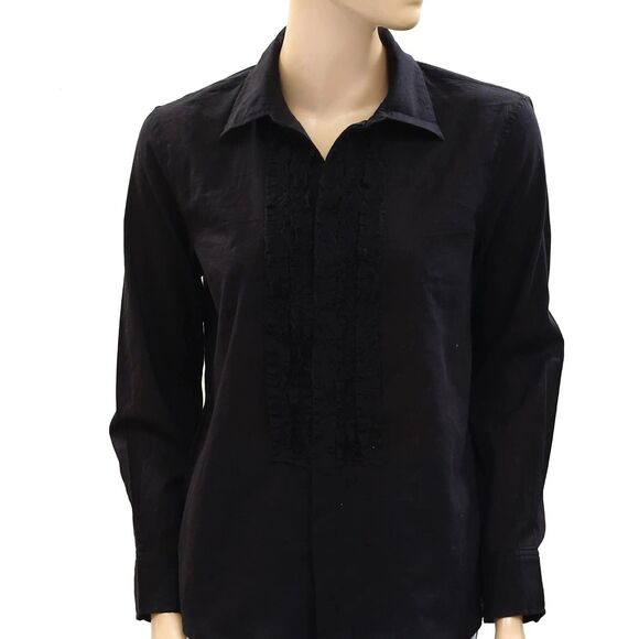 Nili Lotan Nathael Shirt Tunic Top Buttondown Ruffle Cotton Black XS NEW 283748 - Picture 6 of 8